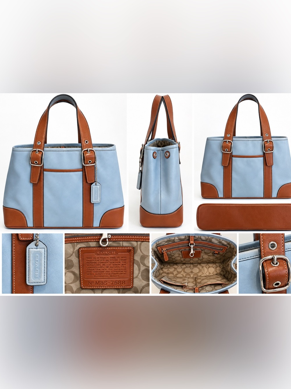 Vintage Coach M8S-7588 Blue & Cognac Leather Buckle Tote Shoulder Bag